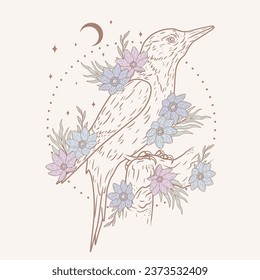 Woodpecker with flowers and abstract background, vector art