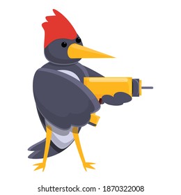 Woodpecker with hand drill icon. Cartoon of woodpecker with hand drill vector icon for web design isolated on white background