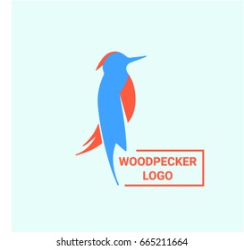 Woodpecker logo on bright background. Blue and red vector illustration