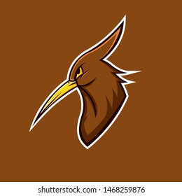 Woodpecker mascot logo. Brown bird sport logo. Bird head mascot