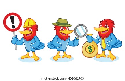 Woodpecker Mascot with sign, money and magnifying glass