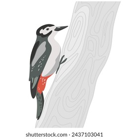 Woodpecker on Tree Branch Flat Vector Illustration