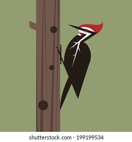 Woodpecker on tree. Cartoon bird, with abstract colors. Wildlife concept. Nature template, with tree, and woodpecker. Easy to edit. Vector Illustration - EPS10.