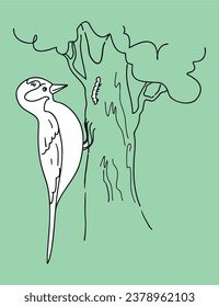A woodpecker on a tree. Picture. Vector illustration, eps
