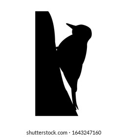 woodpecker on a tree silhouette black isolated on a white background. Woodpecker bird in forest, vector stock illustration