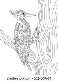 Woodpecker On A Tree Trunk Trying To Make A Hole Colorless Line Drawing. Pecker Bird Stays On Branch Pecks Wood Coloring Book Page.