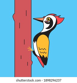 Woodpecker on tree vector cartoon illustration.