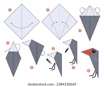 Woodpecker origami scheme tutorial moving model. Origami for kids. Step by step how to make a cute origami bird. Vector illustration.