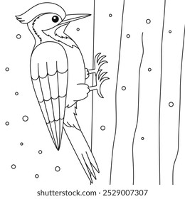 Woodpecker Outline Coloring Page. Christmas and Winter Animal Illustration 