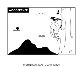 Woodpecker pecking on a tree, black and white, outline, vector illustration of a birds.