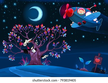 The woodpecker is saying hello to the airplane in the night. Funny cartoon vector illustration for children.
