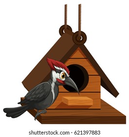 Woodpecker standing on birdhouse illustration