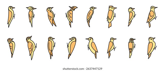 Woodpeckers clinging to tree, simple icon set representing different species or positions of picidae family birds