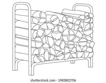 Woodpile with firewood vector linear illustration for coloring. Outline. A firewood stand filled with chopped logs for a coloring book. Fireplace wood folded on a special shelf.