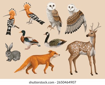 Animais e pássaros de Wood isolados. Vetor