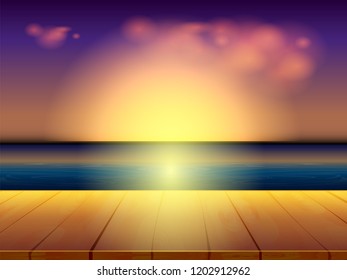 Woods floor with beach and sunset background