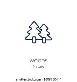 Woods icon. Thin linear woods outline icon isolated on white background from nature collection. Line vector sign, symbol for web and mobile