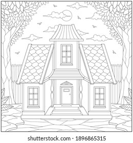 Woods Mansion in the forest. Learning and education coloring page illustration for adults and children. Outline style, black and white drawing
