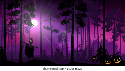 woods at night with a Scarecrow and pumpkins on Halloween