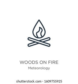 Woods on fire icon. Thin linear woods on fire outline icon isolated on white background from meteorology collection. Line vector sign, symbol for web and mobile