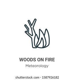 Woods on fire outline vector icon. Thin line black woods on fire icon, flat vector simple element illustration from editable meteorology concept isolated on white background