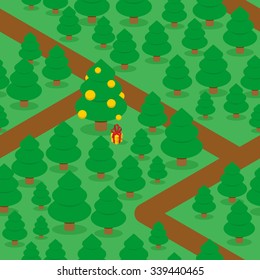 Woods and trails seamless pattern. Large decorated Christmas tree balls. New year in more often. Many of green trees texture. Holiday ornament for winter holiday Christmas.
