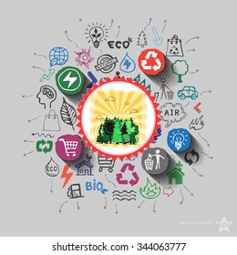 Woods view. Environment collage with icons background. Vector illustration