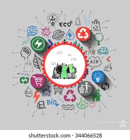 Woods view. Environment collage with icons background. Vector illustration