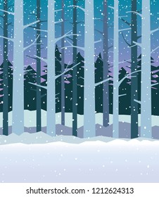 Woods in winter with falling snow. Tall bare trees on a winter night. For Christmas and New Years greeting cards, wallpaper, banners, posters.