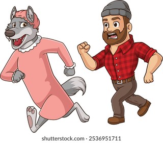 Woodsman chasing the big bad wolf who is dressed as grandma vector illustration