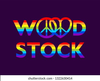 Woodstock colorful lettering and hippie peace symbols with rainbow for t shirt print, party poster, bag and other design on dark purple background