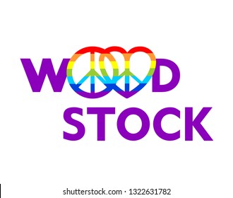 Woodstock lettering and hippie peace symbols with rainbow for t shirt print, party poster and other design on white background