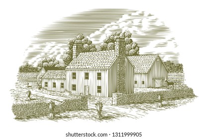 Wooduct illustration of an English Farmhouse with hay stacks in the field.