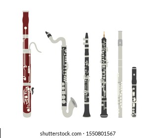 Woodwind musical instruments.  Illustration of musical instruments isolated on white background. 