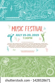 Woodwind orchestra live show poster vector template. Jazz festival, blues band concert brochure, flyer layout. Musical instruments chalk thin line illustration. Cello, trumpet doodle drawing