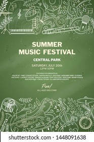 Woodwind orchestra live show poster vector template. Jazz festival, blues band concert brochure, flyer layout. Musical instruments chalk thin line illustration. Cello, trumpet doodle drawing