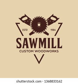 Woodwork badge. Logo for carpentry, woodworkers, lumberjack, sawmill service monochrome vector label, emblem, logo and design elements. Isolated vector illustration.