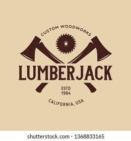 Woodwork badge. Logo for carpentry, woodworkers, lumberjack, sawmill service monochrome vector label, emblem, logo and design elements. Isolated vector illustration.