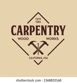 Woodwork badge. Logo for carpentry, woodworkers, lumberjack, sawmill service monochrome vector label, emblem, logo and design elements. Isolated vector illustration.