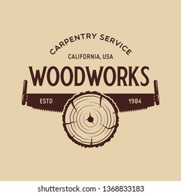 Woodwork badge. Logo for carpentry, woodworkers, lumberjack, sawmill service monochrome vector label, emblem, logo and design elements. Isolated vector illustration.