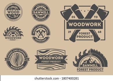 Woodwork badge. Vintage vector woodwork shop badge, carpentry emblem and sawmill service logo isolated set. Monochrome retro styled label collection. Forest high quality product, equipment brand