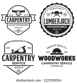 Woodwork badges. Set of carpentry, woodworkers, lumberjack, sawmill service monochrome vector labels, emblems and logos. Isolated vector illustration.