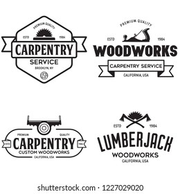 Woodwork badges. Set of carpentry, woodworkers, lumberjack, sawmill service monochrome vector labels, emblems and logos. Isolated vector illustration.