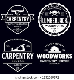 Woodwork badges. Set of carpentry, woodworkers, lumberjack, sawmill service monochrome vector labels, emblems and logos. Isolated vector illustration.