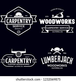 Woodwork badges. Set of carpentry, woodworkers, lumberjack, sawmill service monochrome vector labels, emblems and logos. Isolated vector illustration.