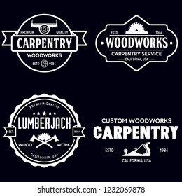 Woodwork badges. Set of carpentry, woodworkers, lumberjack, sawmill service monochrome vector labels, emblems and logos. Isolated vector illustration.