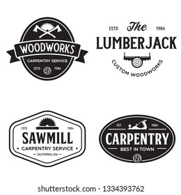 Woodwork badges. Set of carpentry, woodworkers, lumberjack, sawmill service monochrome vector labels, emblems and logos. Isolated vector illustration.