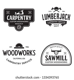 Woodwork badges. Set of carpentry, woodworkers, lumberjack, sawmill service monochrome vector labels, emblems and logos. Isolated vector illustration.