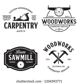Woodwork badges. Set of carpentry, woodworkers, lumberjack, sawmill service monochrome vector labels, emblems and logos. Isolated vector illustration.