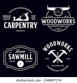 Woodwork badges. Set of carpentry, woodworkers, lumberjack, sawmill service monochrome vector labels, emblems and logos. Isolated vector illustration.
